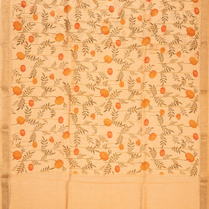 Sandal Handwoven Linen Saree Printed With Floral Motifs