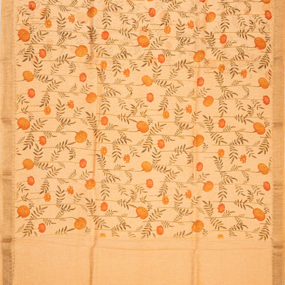 Sandal Handwoven Linen Saree Printed With Floral Motifs