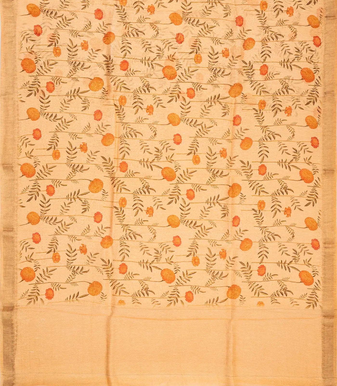 Sandal Handwoven Linen Saree Printed With Floral Motifs