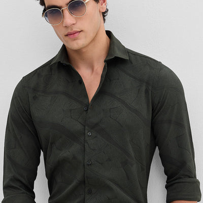 Dark Green Slim Fit Self-Design Shirt