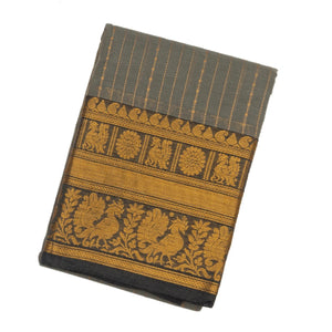 Grey Handloom Chettinad Cotton Saree With Zari Stripes