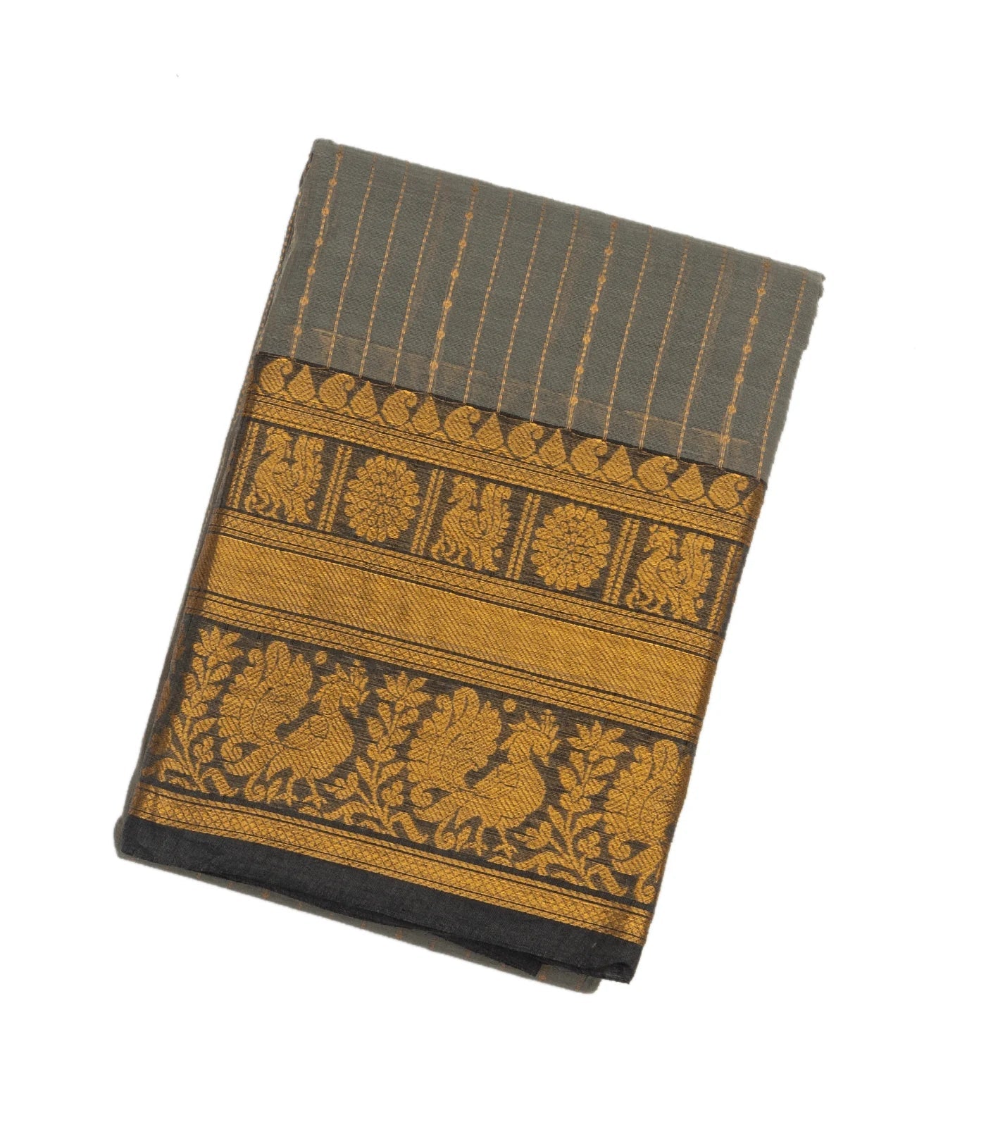 Grey Handloom Chettinad Cotton Saree With Zari Stripes