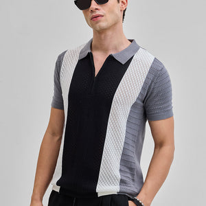 Black Colourblocked Zipper Polo T-Shirt
