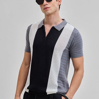 Black Colourblocked Zipper Polo T-Shirt