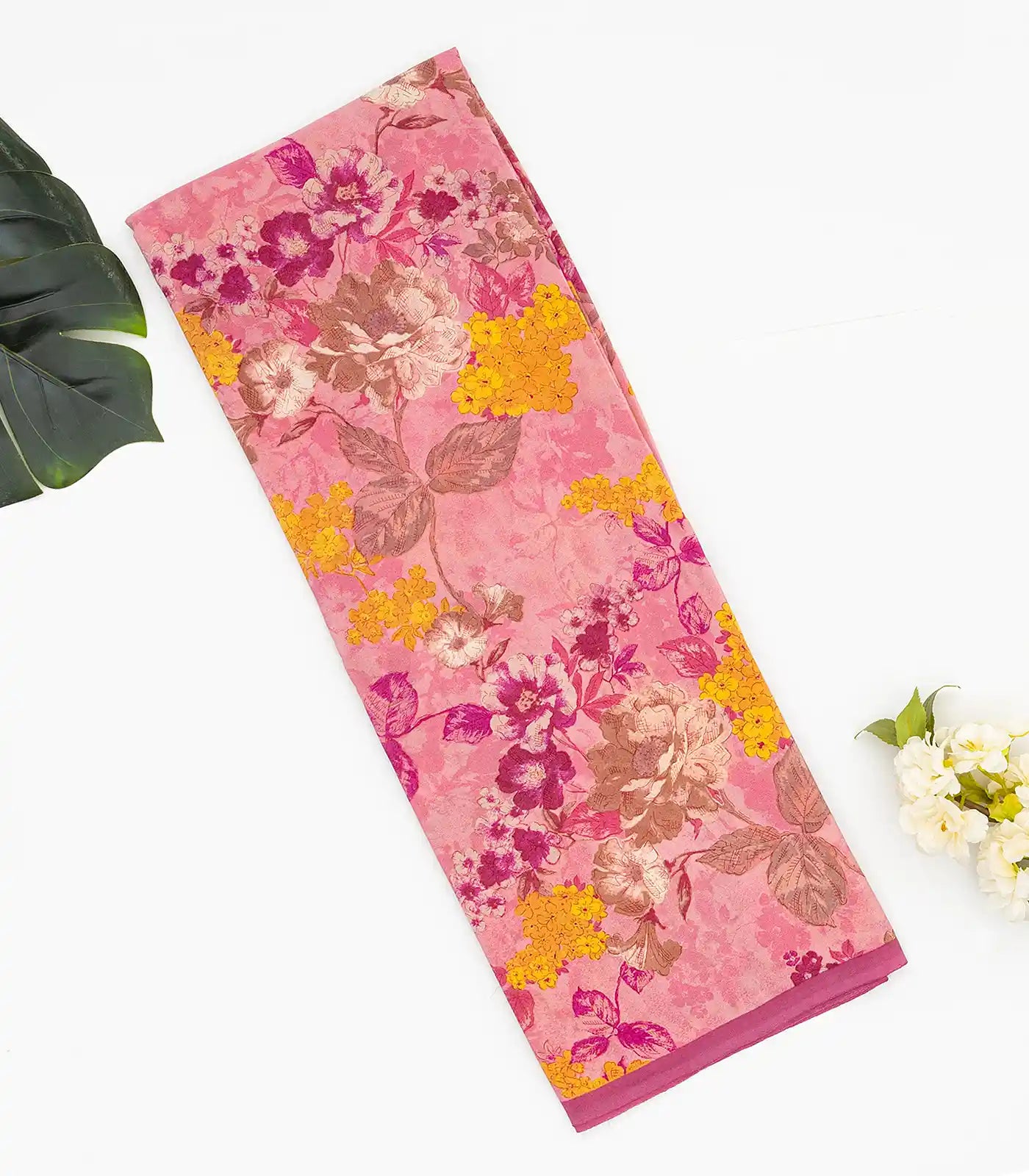 Baby Pink Woven Digital Printed Crepe Silk Saree With Floral Motifs