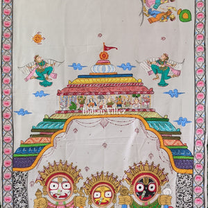 White Shree Jagannath Theme Hand-Painted Pattachitra Saree