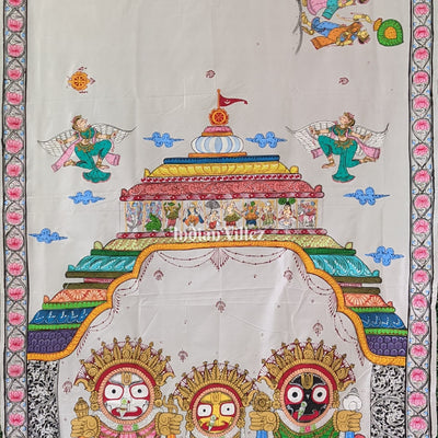 White Shree Jagannath Theme Hand-Painted Pattachitra Saree