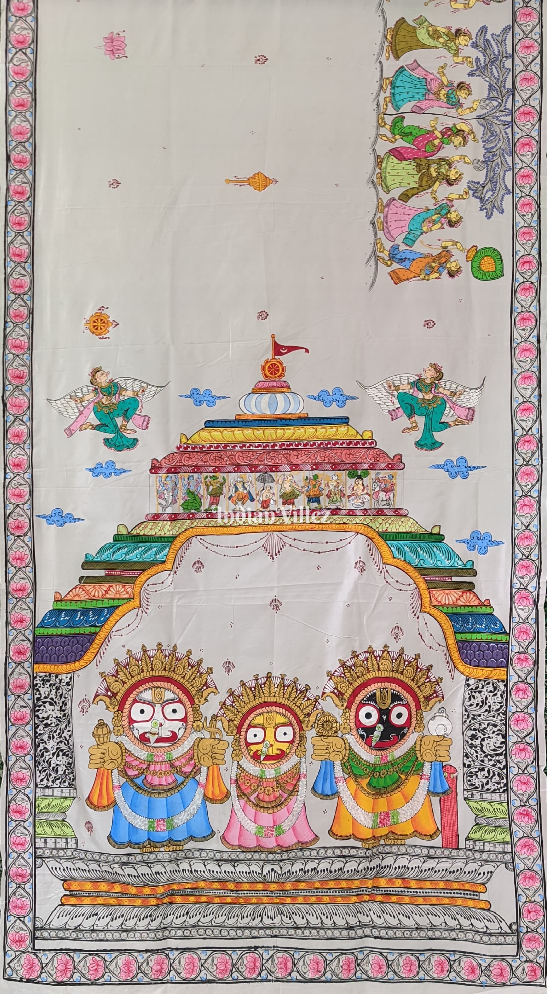 White Shree Jagannath Theme Hand-Painted Pattachitra Saree