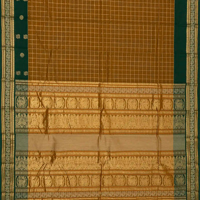 Dark Olive Handloom Kanchi Cotton Saree With Checks