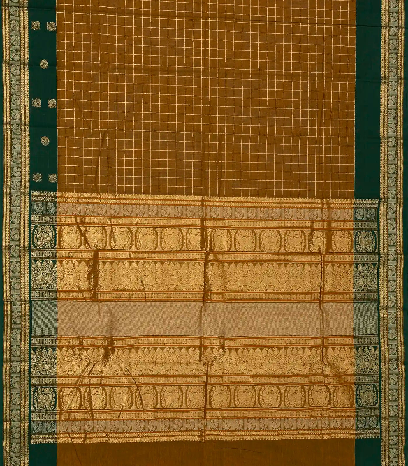 Dark Olive Handloom Kanchi Cotton Saree With Checks