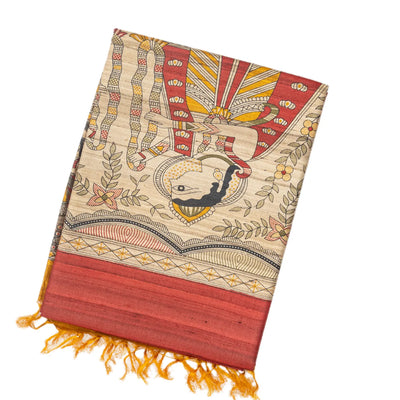 Crimson Handloom Tussar Silk Saree With Printed Wedding Motifs