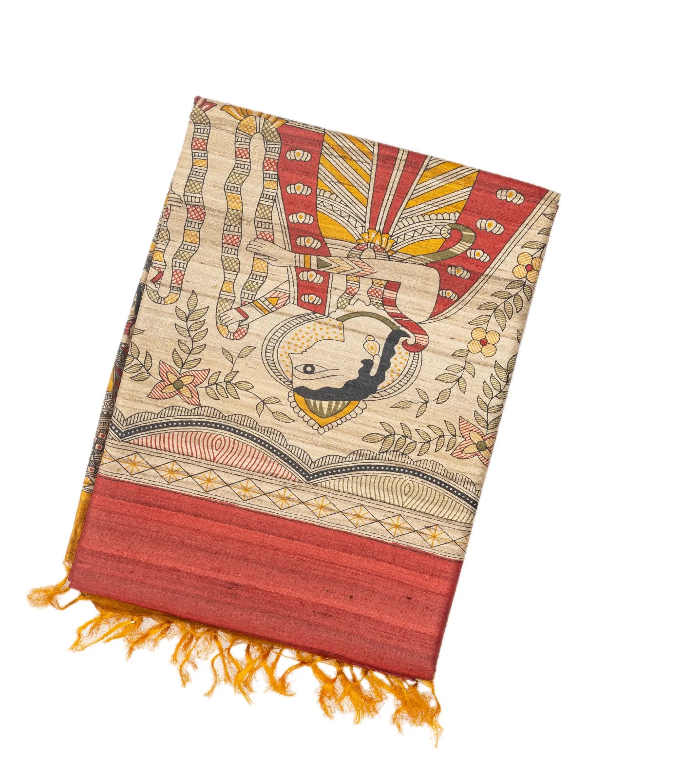 Crimson Handloom Tussar Silk Saree With Printed Wedding Motifs