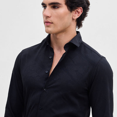 Black Slim Fit Self-Design Shirt