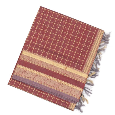 Dark Peach Handloom Silk Cotton Saree With Zari Checks