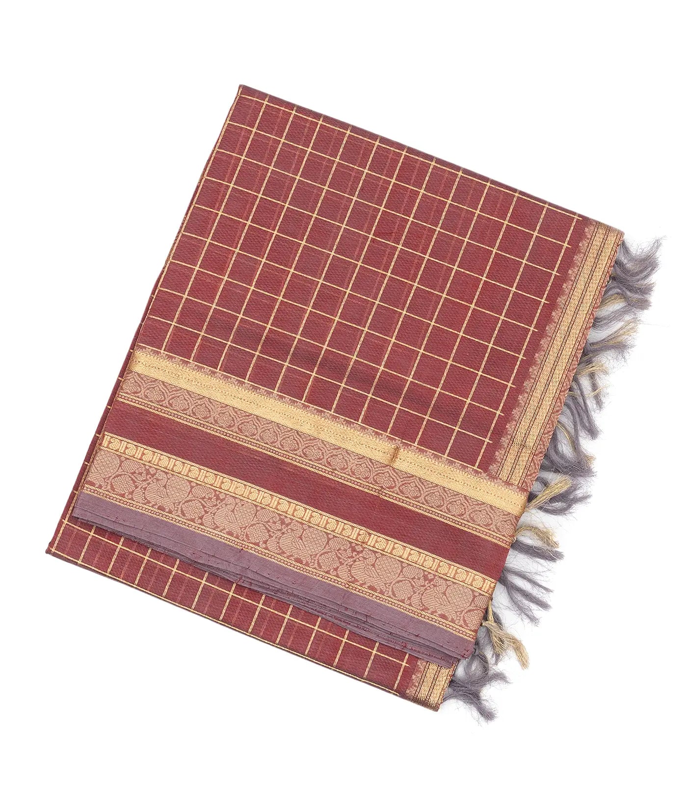 Dark Peach Handloom Silk Cotton Saree With Zari Checks