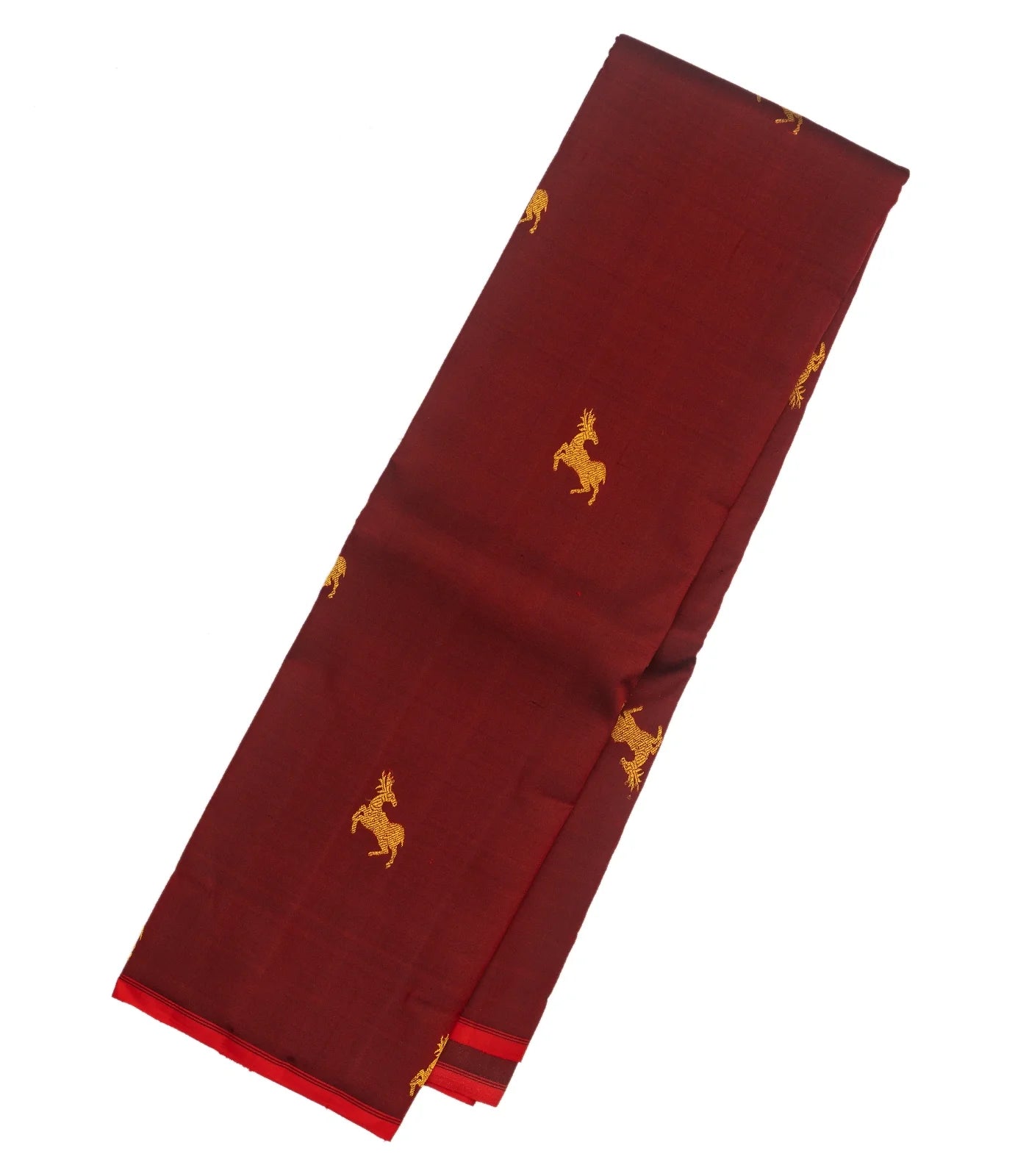 Crimson Handloom Kanchipuram Silk Saree With Deer Zari Buttas