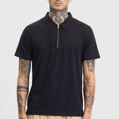 Black Self-Design Zipper Polo T-Shirt