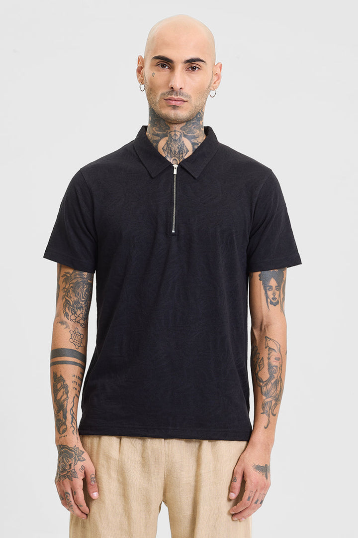 Black Self-Design Zipper Polo T-Shirt