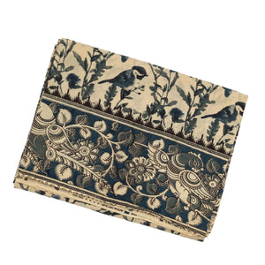 Cream Cotton Saree With Blue Kalamkari Print