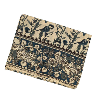 Cream Cotton Saree With Blue Kalamkari Print