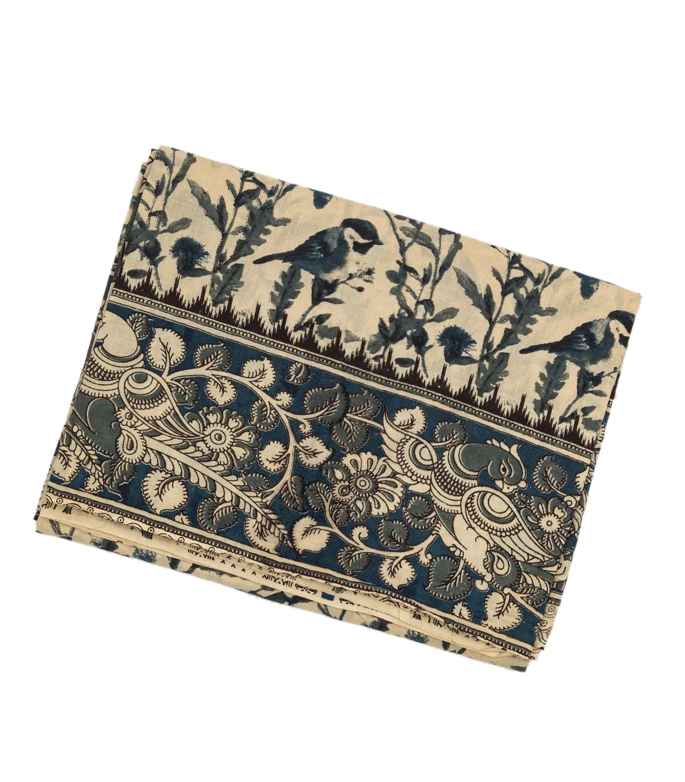 Cream Cotton Saree With Blue Kalamkari Print