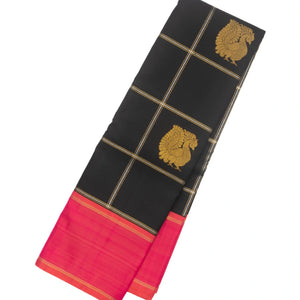 Black Handloom Kanchipuram Korvai Silk Saree With Zari Checks