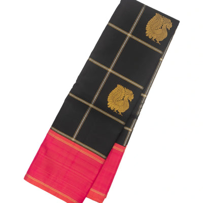 Black Handloom Kanchipuram Korvai Silk Saree With Zari Checks