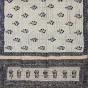 Off White Printed Tussar Silk Saree With Floral Motifs-Off White