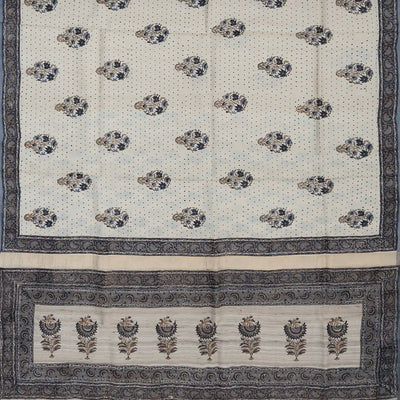 Off White Printed Tussar Silk Saree With Floral Motifs-Off White
