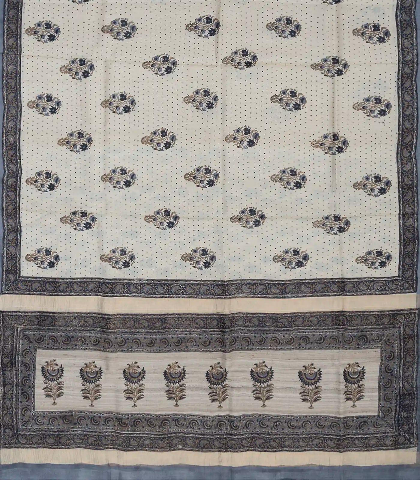 Off White Printed Tussar Silk Saree With Floral Motifs-Off White