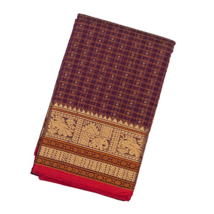 Magenta Handloom Kanchi Cotton Saree With Checks & Diamond Motifs