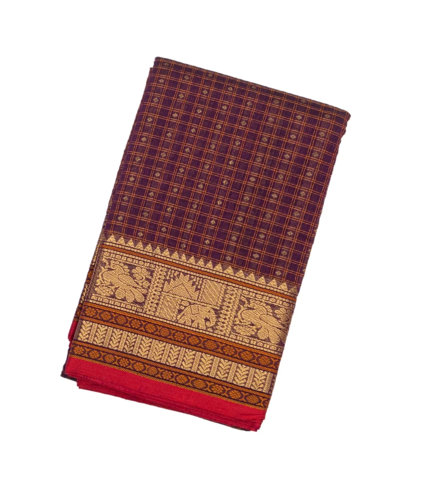 Magenta Handloom Kanchi Cotton Saree With Checks & Diamond Motifs