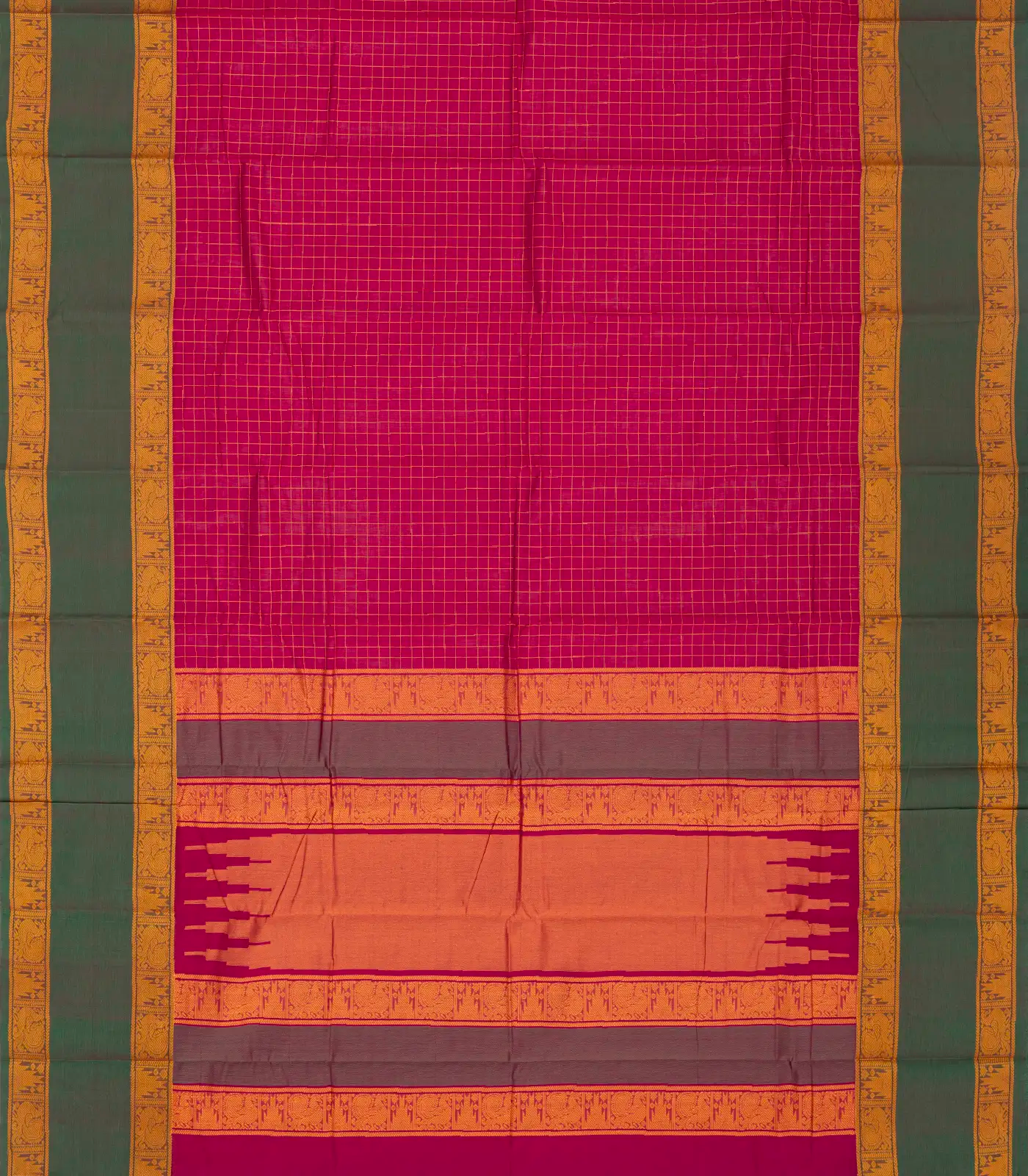 Pink Handloom Kanchi Cotton Saree With Green Border