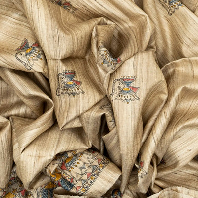 Taupe Handloom Tussar Silk Saree With Printed Floral Motifs