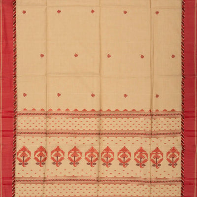 Beige Handloom Bengal Cotton Saree With Red Border