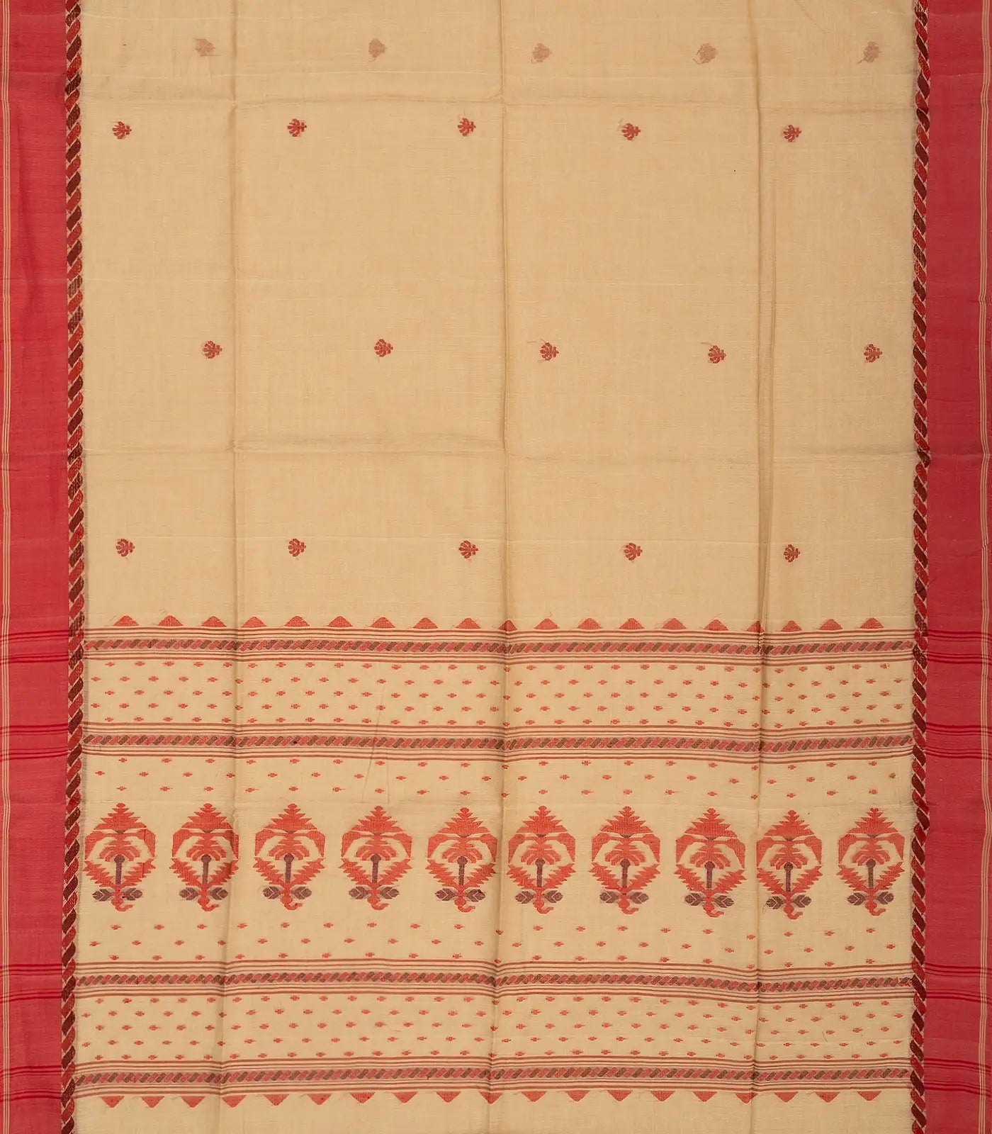 Beige Handloom Bengal Cotton Saree With Red Border