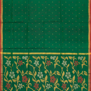 Dark Green Handloom Uppada Silk Saree With Floral Buttas & Zari Border