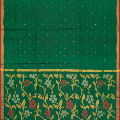 Dark Green Handloom Uppada Silk Saree With Floral Buttas & Zari Border