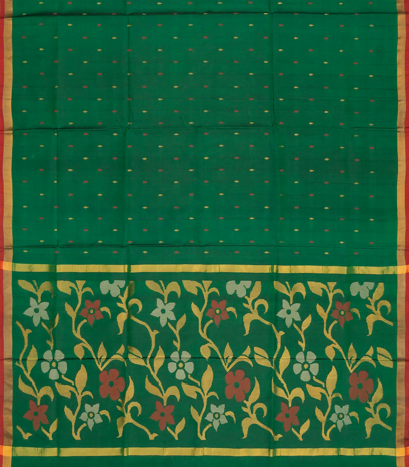 Dark Green Handloom Uppada Silk Saree With Floral Buttas & Zari Border