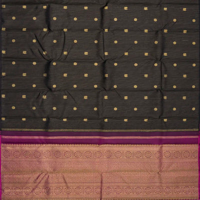 Black Handloom Kanchipuram Silk Saree With Stripes & Buttas