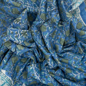 Steel Blue Woven Jaipur Cotton Saree Printed With Flower Motifs