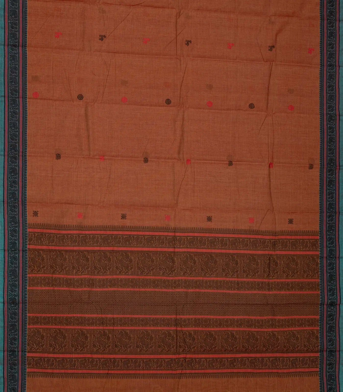 Brown Handloom Kanchi Cotton Saree With Annam & Diamond Buttas