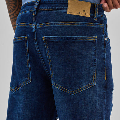Dark Blue Distressed Regular Fit Jeans
