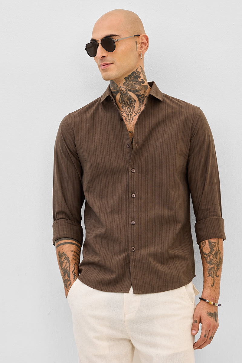 Brown Slim Fit Stripes Shirt