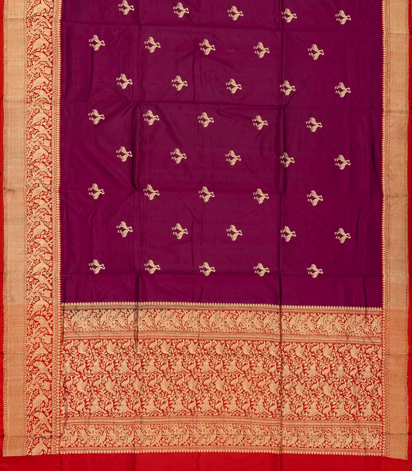 Magenta Handloom Banarasi Silk Saree With Bird Buttas