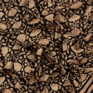 Black Chanderi Cotton Saree Printed With Floral Vine Motifs