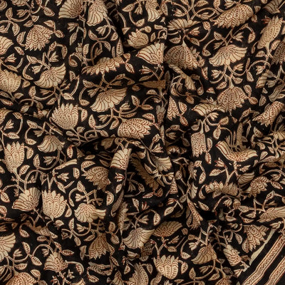 Black Chanderi Cotton Saree Printed With Floral Vine Motifs
