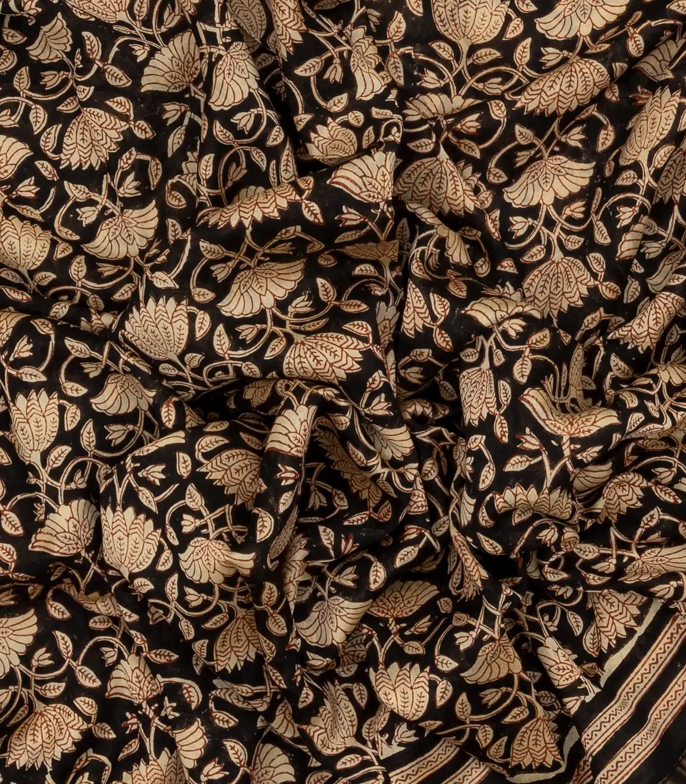 Black Chanderi Cotton Saree Printed With Floral Vine Motifs