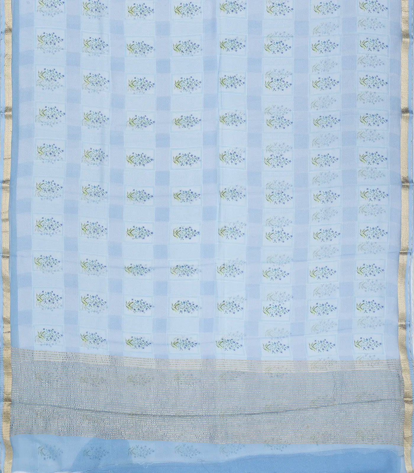 Light Blue Handwoven Banarasi Georgette Silk Saree Printed With Floral Motifs