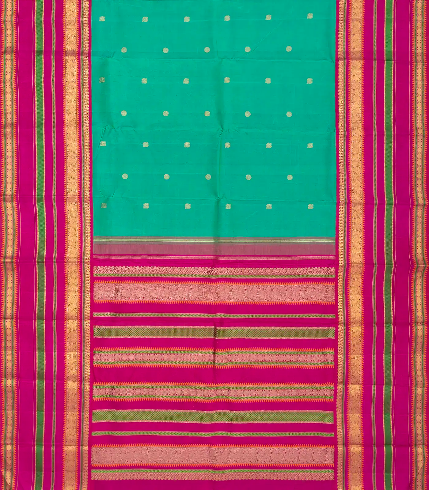 Sea Green Handloom Kanchipuram Korvai Silk Saree With Annam Buttas